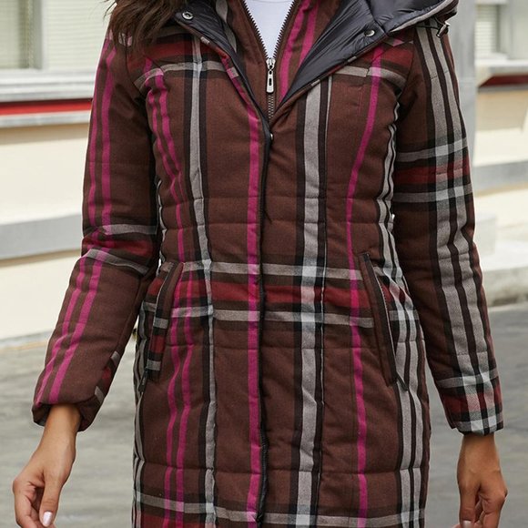 Brown Vintage Plaid Cotton Quilted Trench Coat - Picture 7 of 7